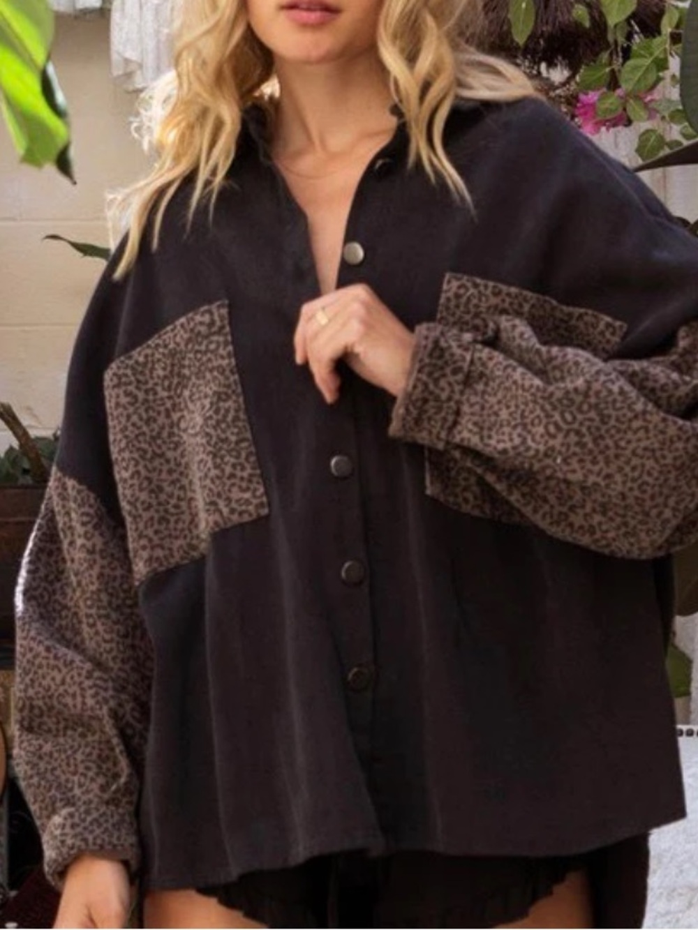 POL Black Button-Up Shacket with Brown Leopard Patch Accents - Picture 2 of 7